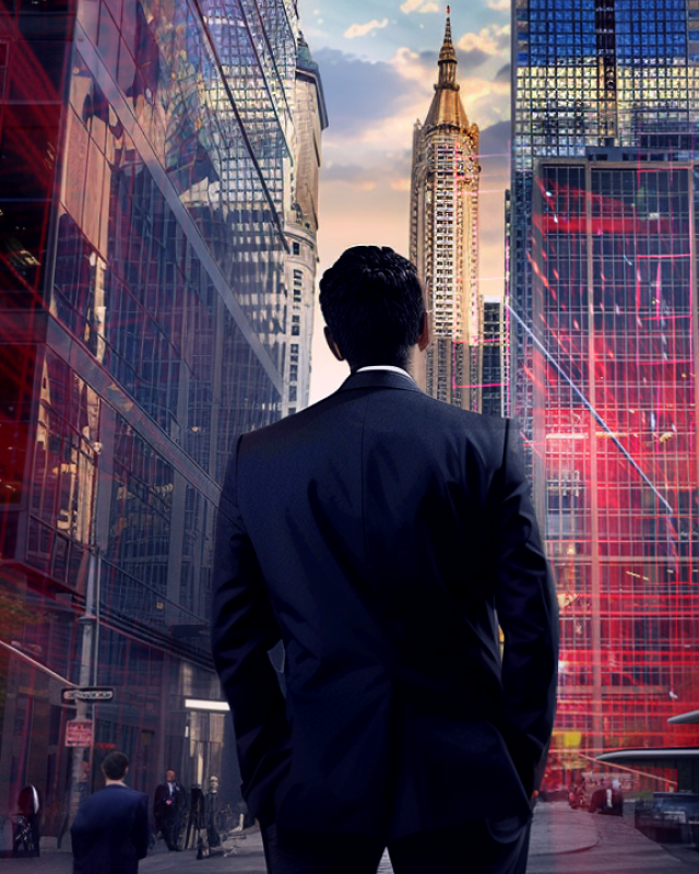 Man looking at the sky between tall buildings
