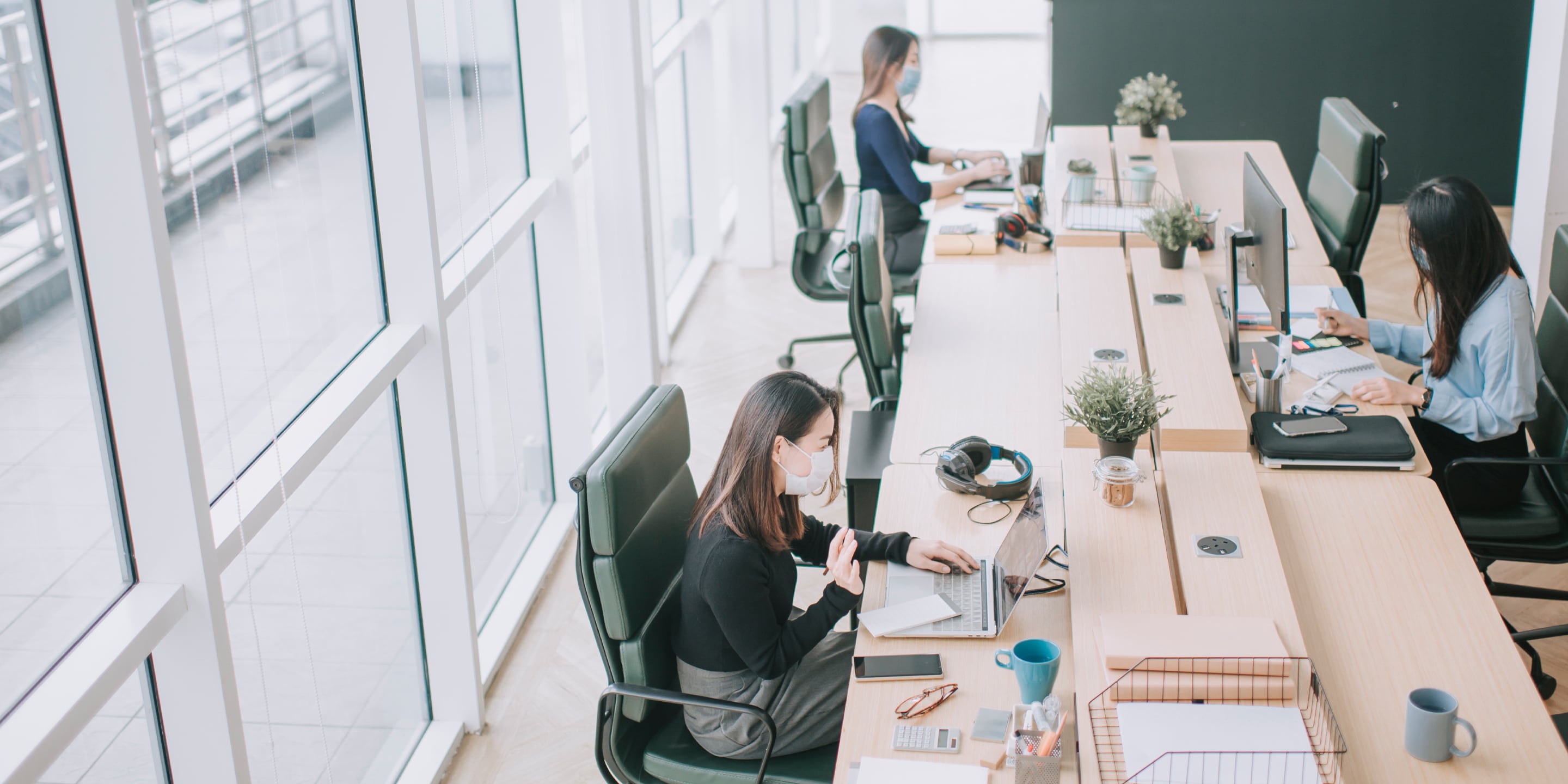 People working at desks in a office