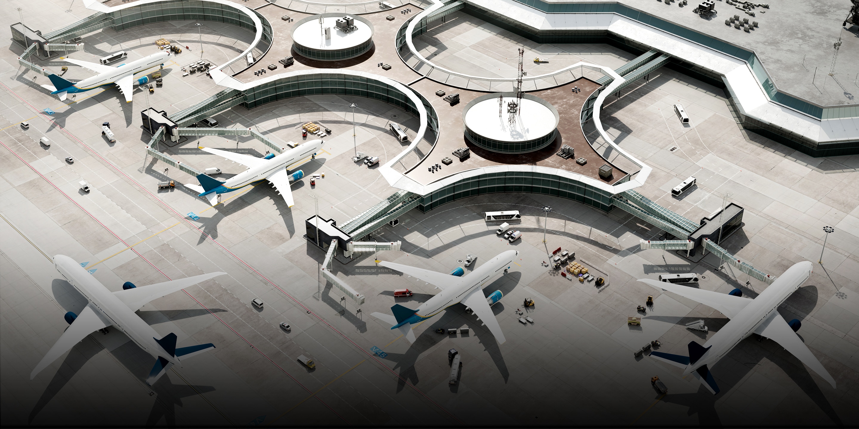 3D rendering of generic airport terminal with parked airplanes. Aerial view of commercial aircrafts in airport parking lot, computer graphic image.