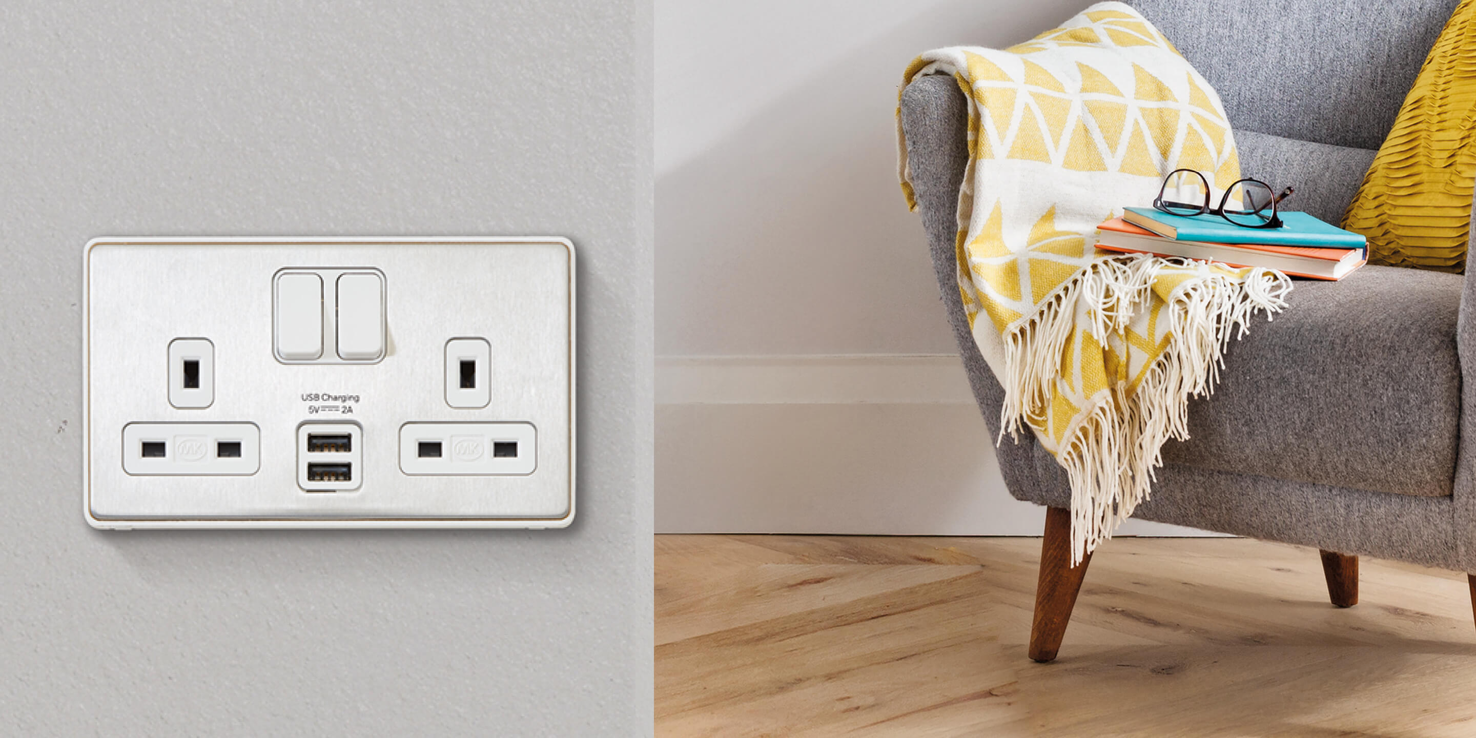Dimensions product with USB charging labeled in living room 