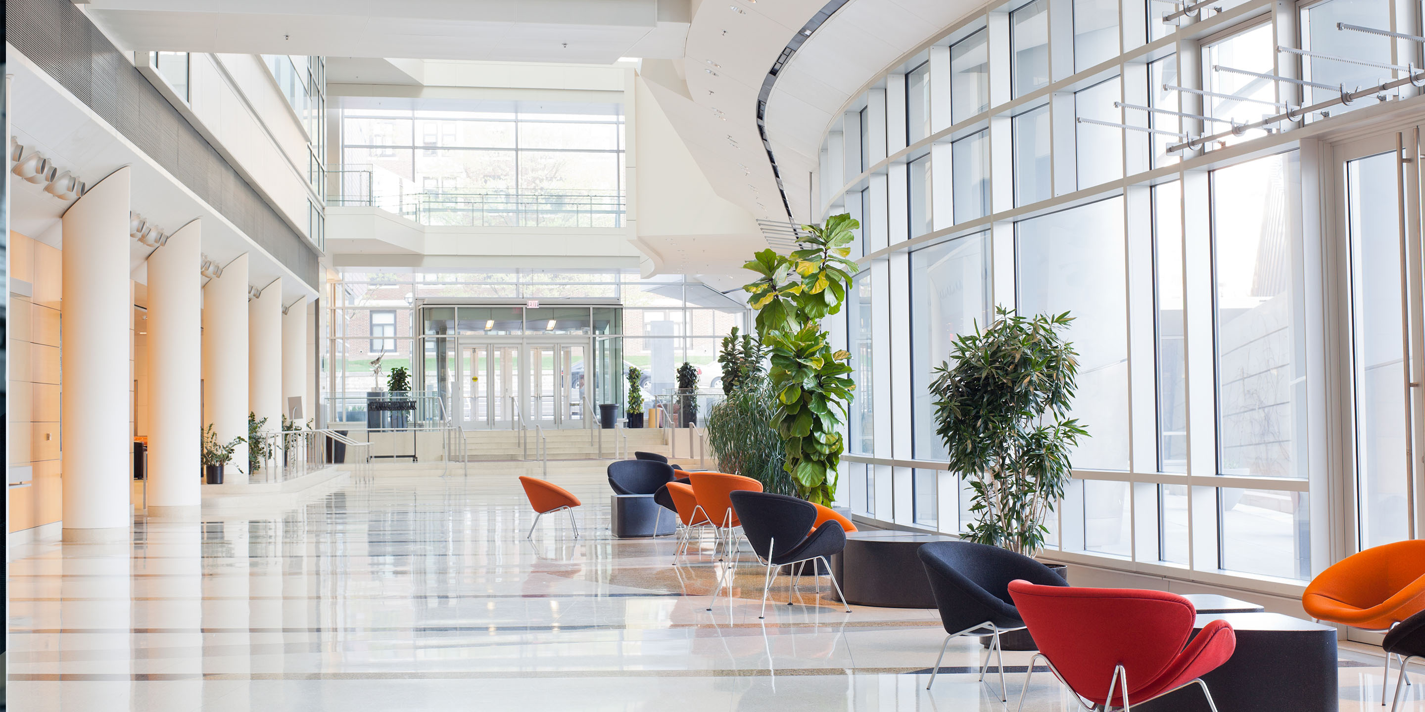 Office lobby with many windows 
