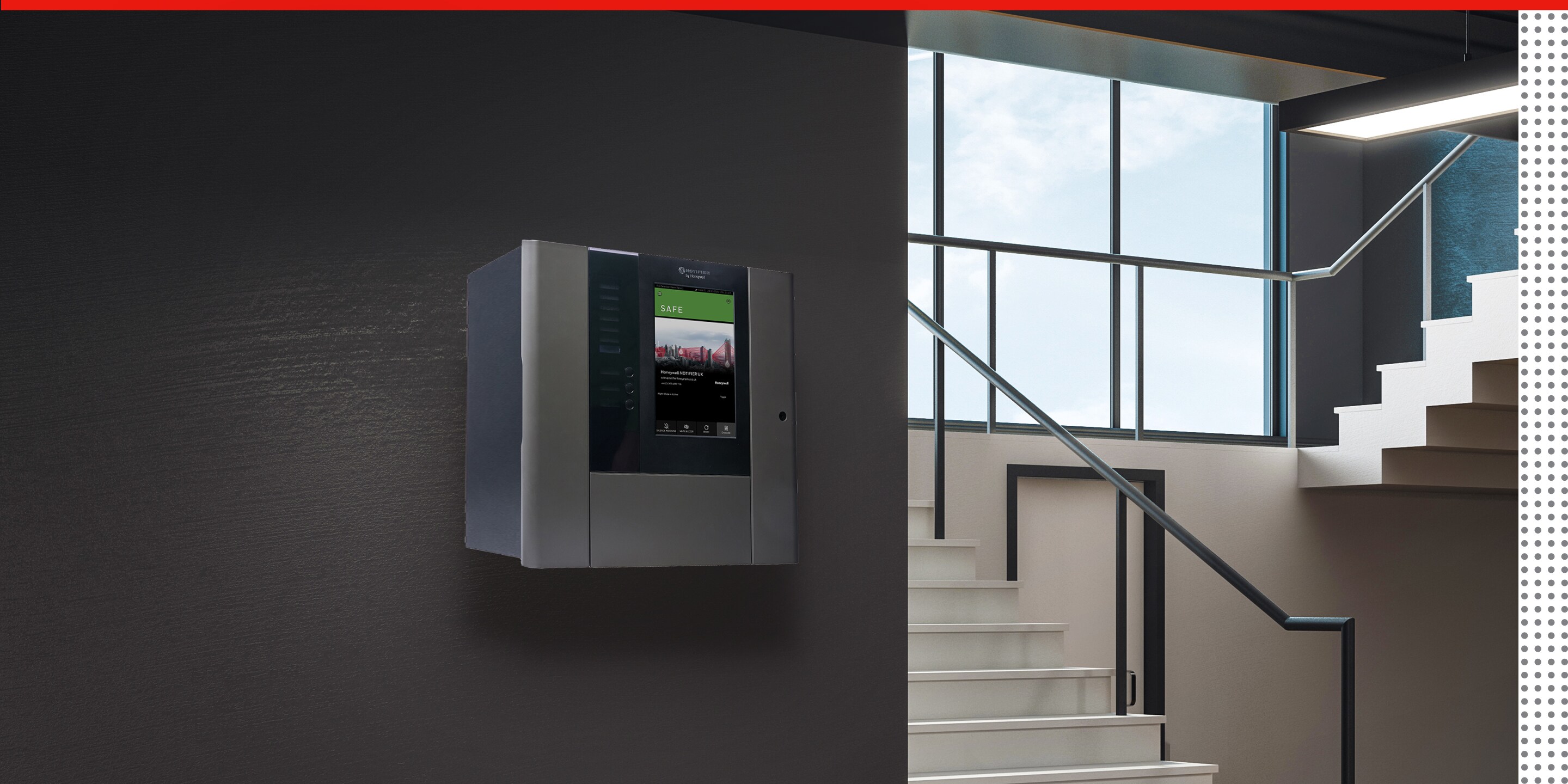 Modern concrete school hallway interior with copy space on wall, stairs and window with sky view and daylight. Mock up, 3D Rendering 