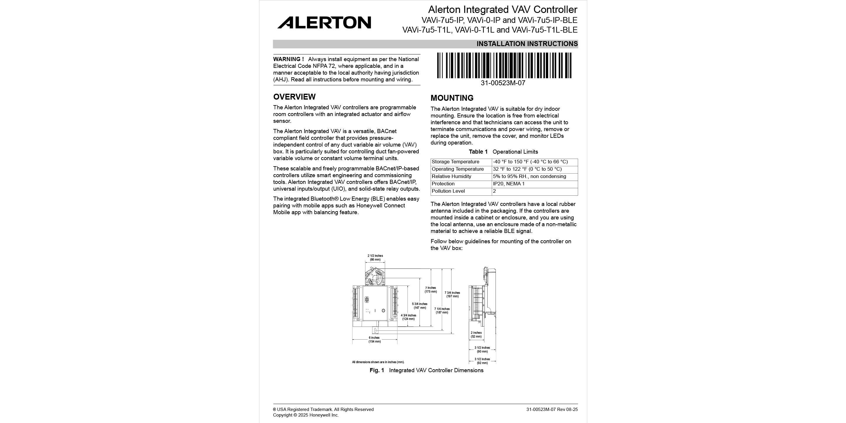 Alerton Integrated VAV Controller - Installation Instructions Image