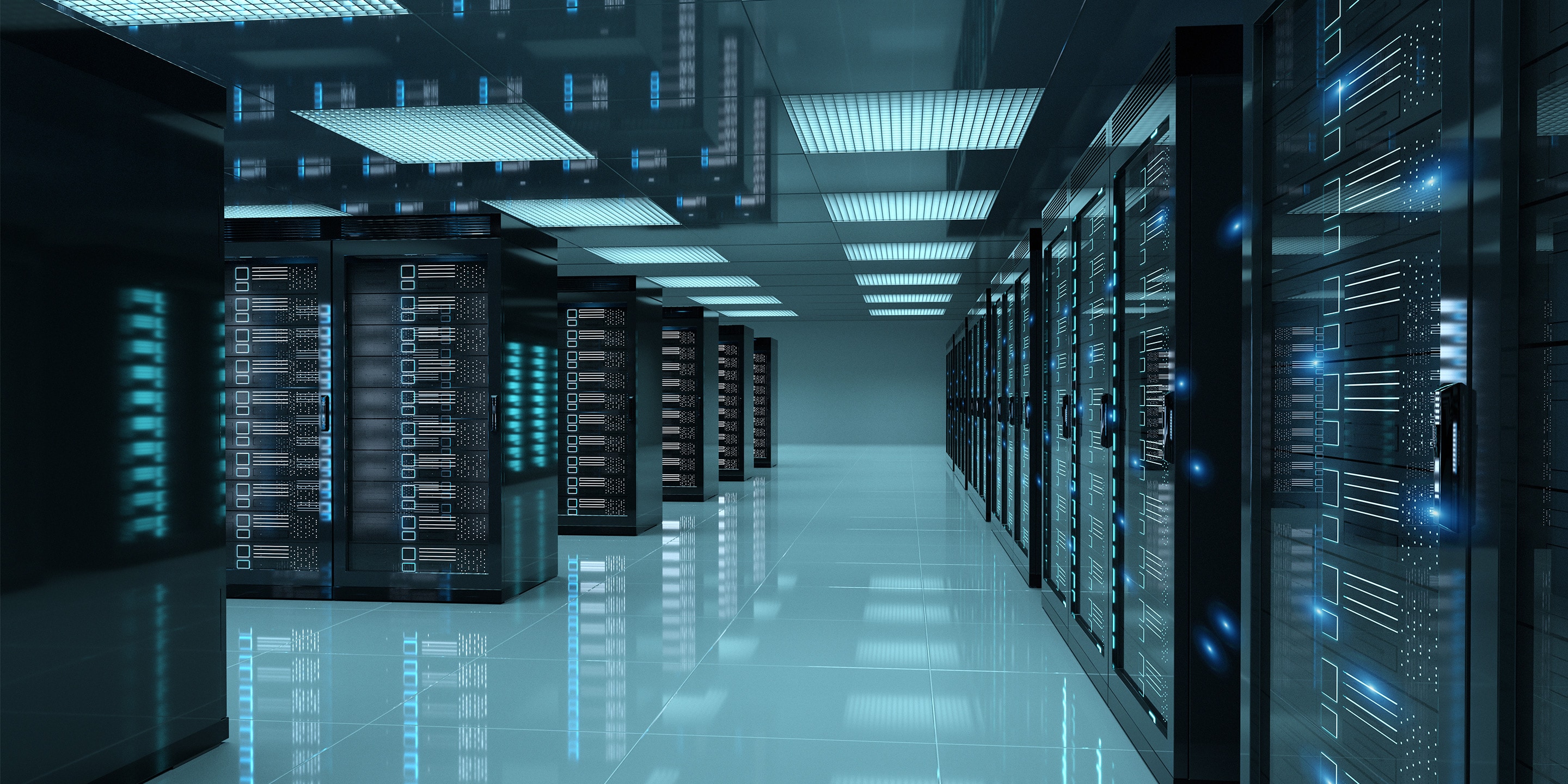 Rows of glowing servers in a high-tech data center