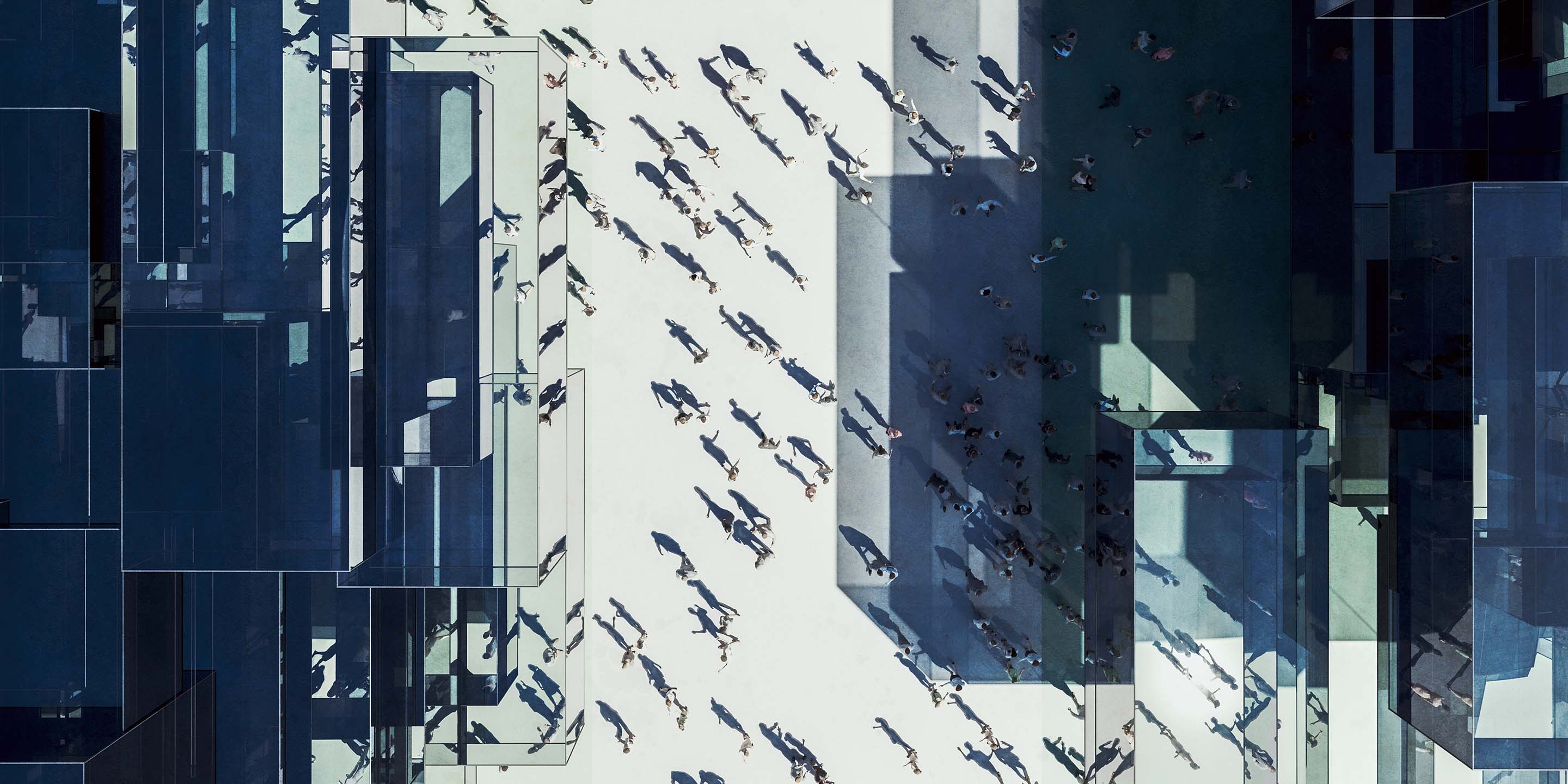 A high-angle view of a bustling urban plaza surrounded by tall, reflective modern buildings. Numerous pedestrians cast long shadows across the open space, creating dynamic patterns in the daylight.