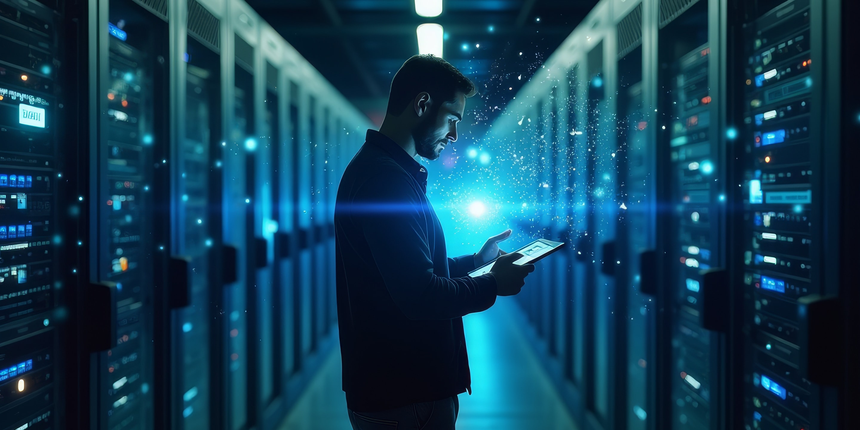 Individual walking through a data server room with a tablet