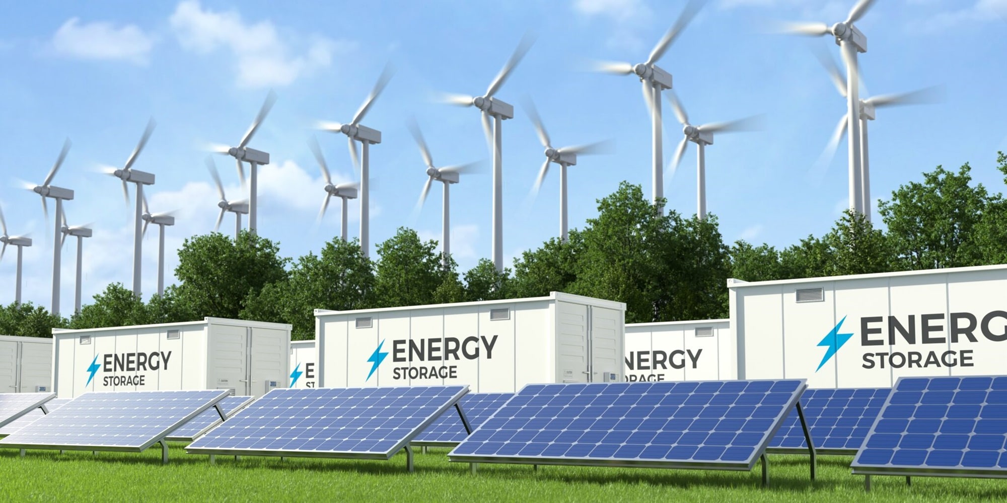 Energy storage systems with wind turbines and solar farms, Solar panels, Green alternative energy concept. 3D illustration