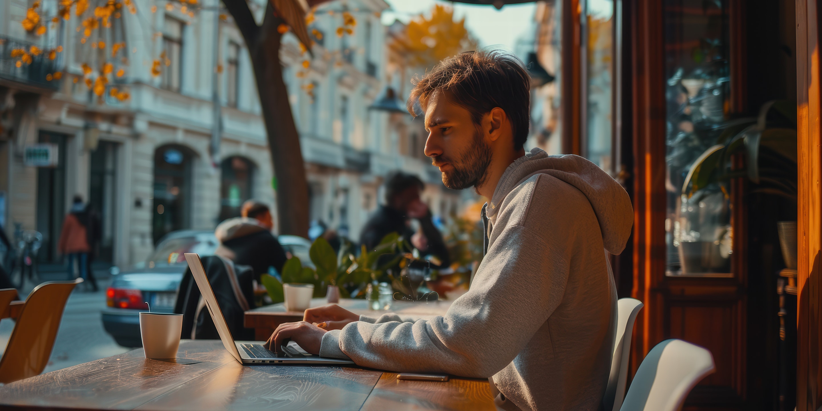 Working remotely from coffee shop on a computer