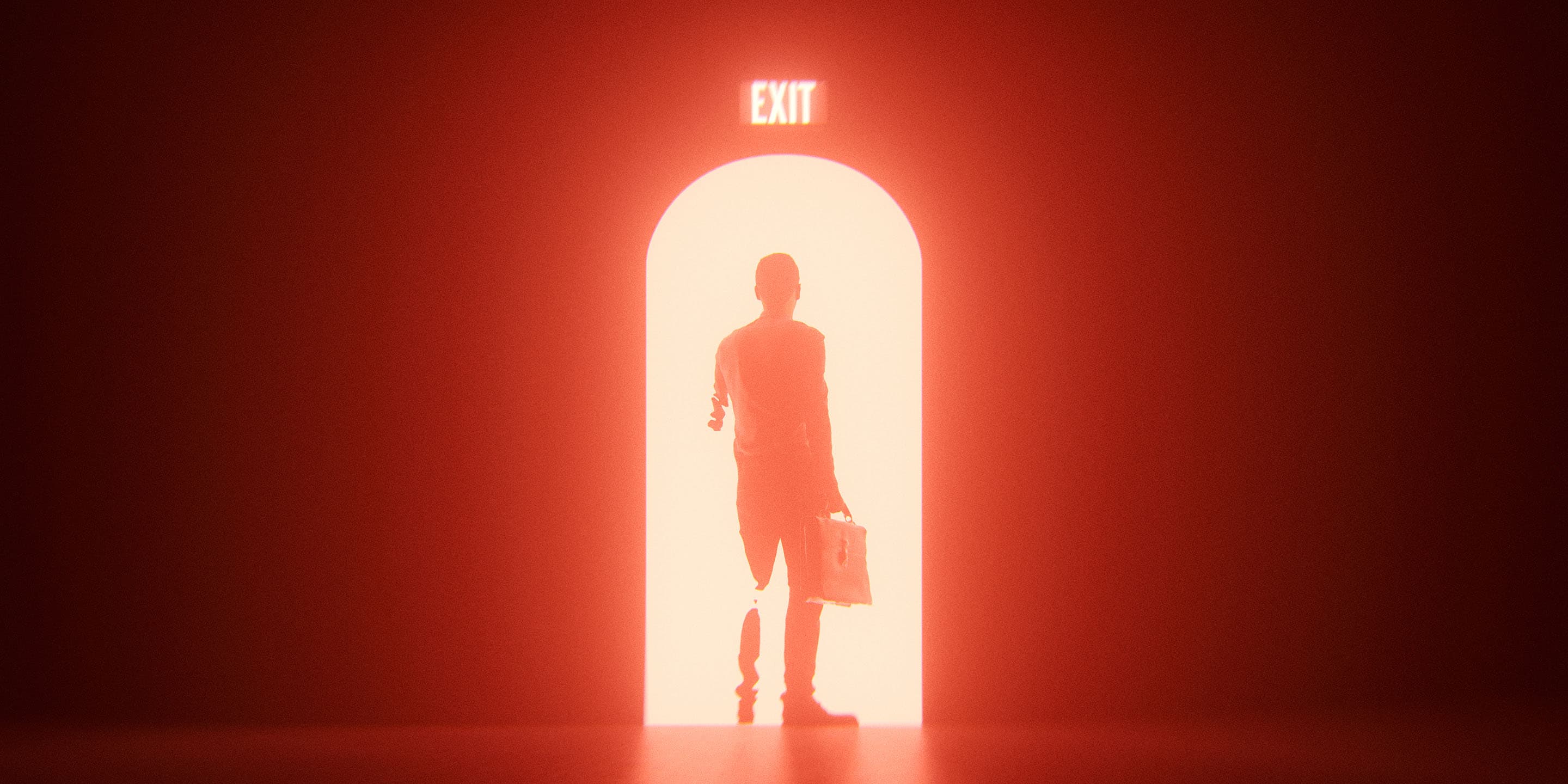 Person walking out of door marked exit 