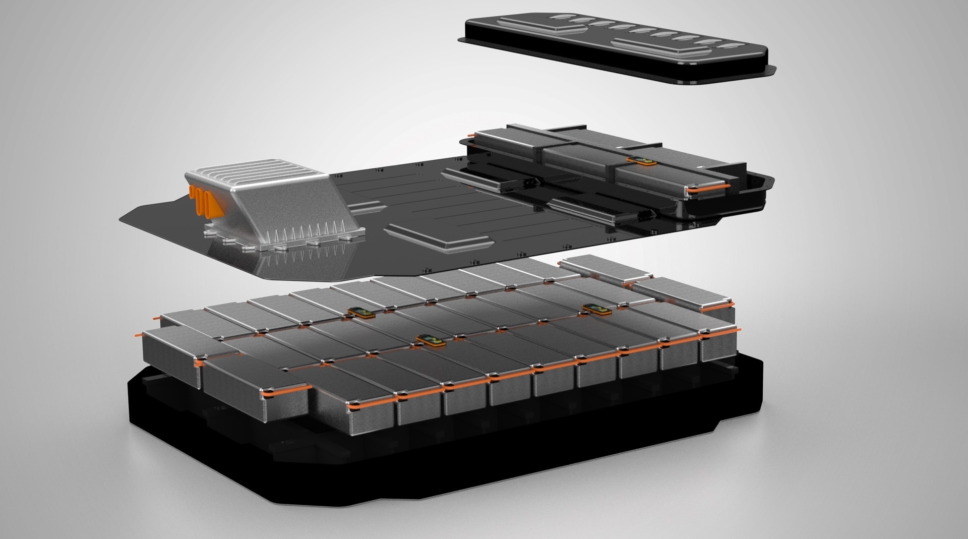 Explore the internal architecture of an electric vehicle battery pack with this detailed exploded view. Learn about the layered components including protective casing, battery cells, cooling systems, and structural housing.